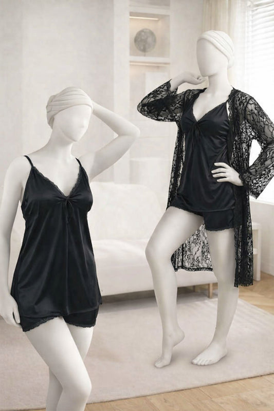 Elite 3-Piece Satin Nightwear Collection – Silk Camisole, Shorts & Floral Lace Gown (Pack of 3)