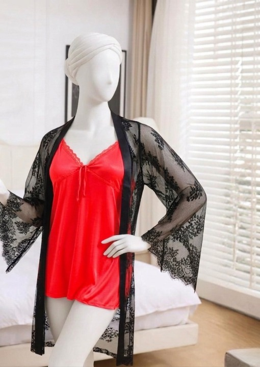 Premium 2-Piece Satin Nightwear Set – Soft Silk Camisole & Lace Gown (Free Size)