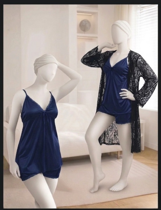 Elite 3-Piece Satin Nightwear Collection – Silk Camisole, Shorts & Floral Lace Gown (Pack of 3)